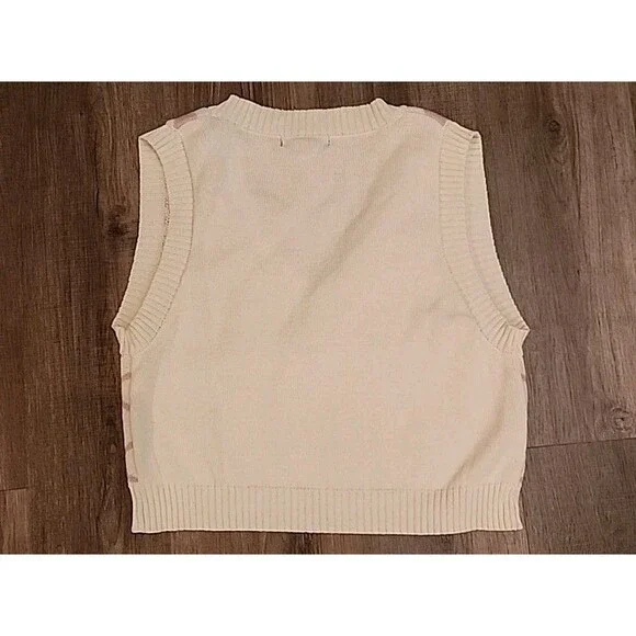 Say What? Womens Sweater Vest XL Beige Pink Hearts Academic Preppy - Picture 2 of 7